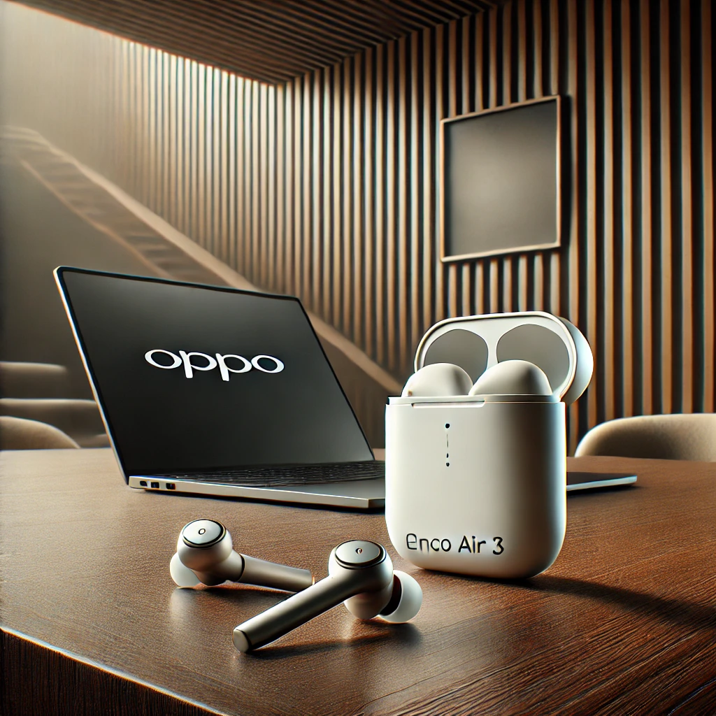 Słuchawki Bluetooth Oppo Enco Air 3 leżące na drewnianym biurku z nowoczesnym laptopem w tle.